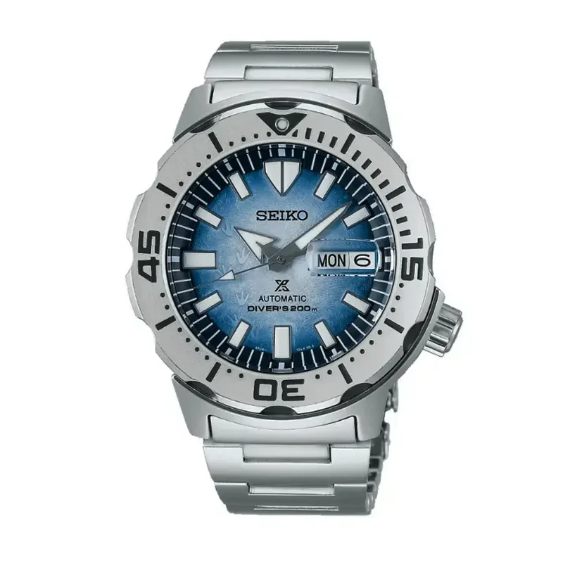 Seiko Prospex Monster SRPG57K1 Antarctica Save the Ocean men's diver watch with icy textured blue-white dial showing penguin footprints